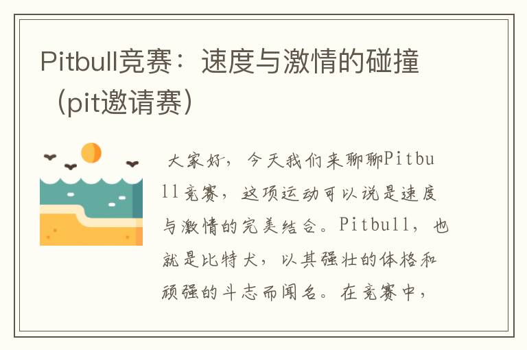 Pitbull竞赛：速度与激情的碰撞（pit邀请赛）