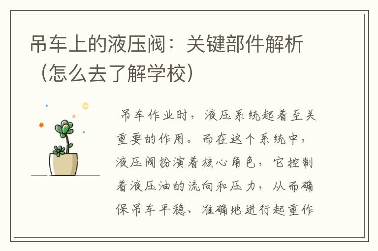 吊车上的液压阀：关键部件解析（怎么去了解学校）