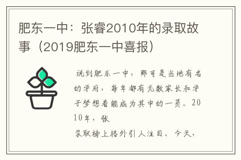 肥东一中：张睿2010年的录取故事（2019肥东一中喜报）