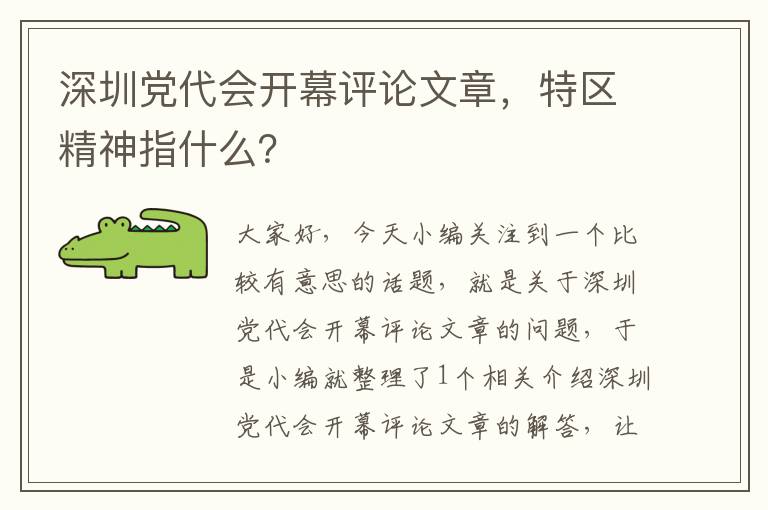 深圳党代会开幕评论文章，特区精神指什么？