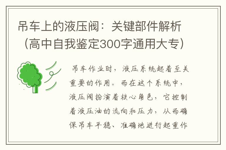 吊车上的液压阀：关键部件解析（高中自我鉴定300字通用大专）